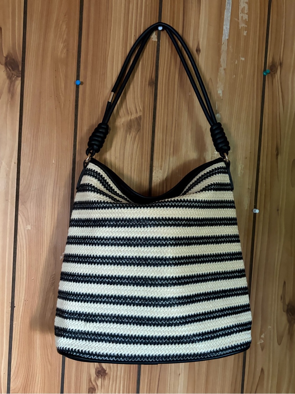 Striped Black & Cream Shoulder Tote. Hobo bag